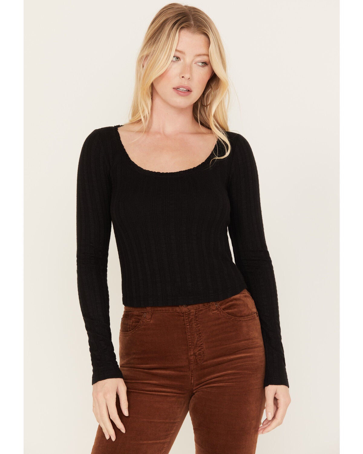 Image #1 - Shyanne Women's Pointelle Ruffle Trim Crop Top, Black, hi-res