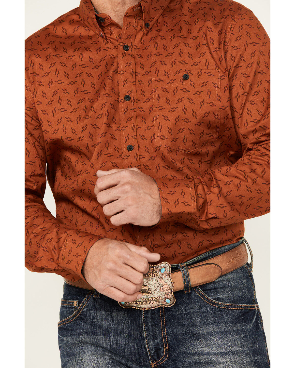 Image #3 - RANK 45® Men's Rough Neck Geo Print Long Sleeve Button-Down Stretch Western Shirt, Rust, hi-res