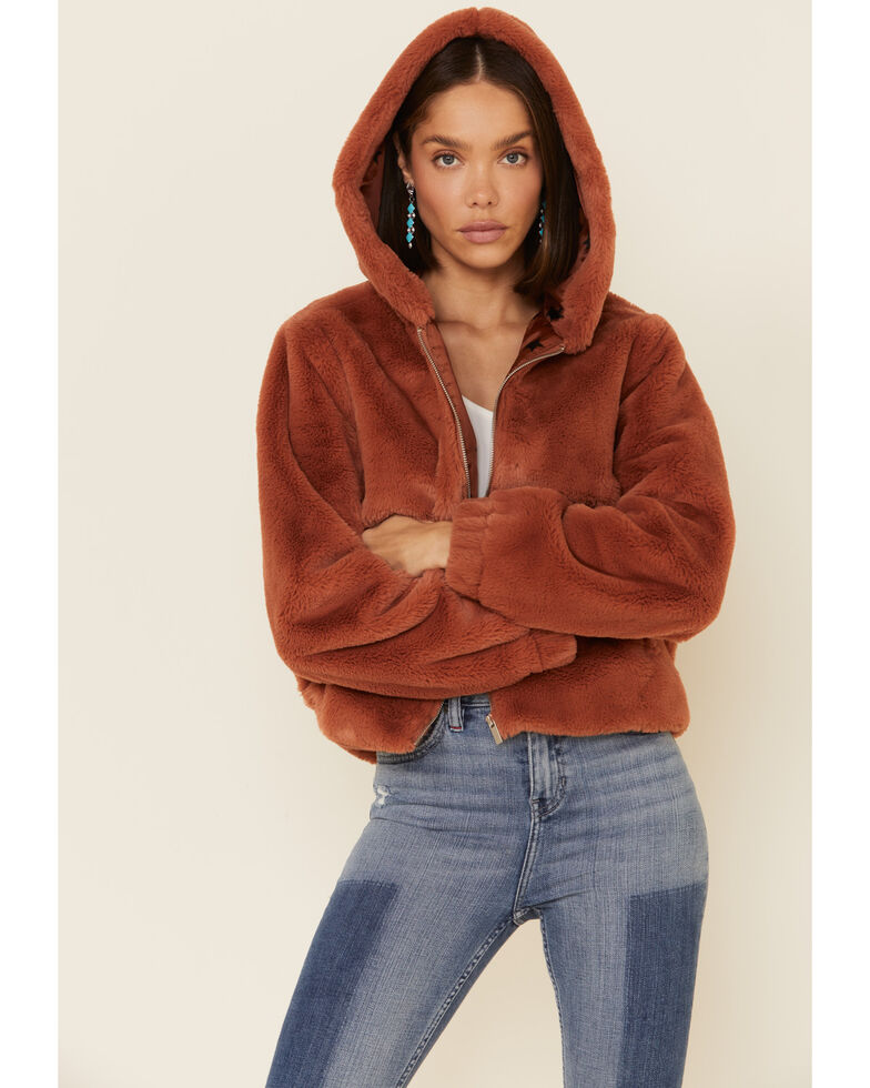 26 International Women's Rust Faux Fur Hooded Jacket , Rust Copper, hi-res