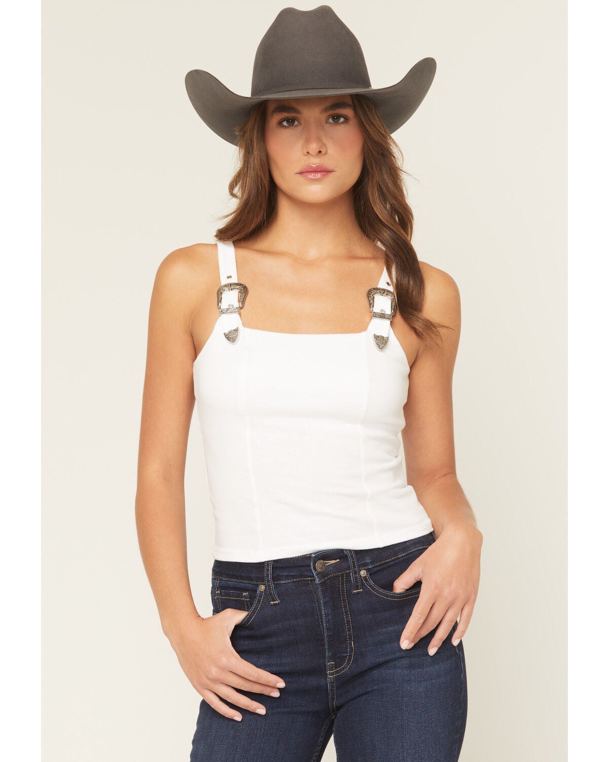 Rock & Roll Denim Women's Buckle Tank Top, White, hi-res