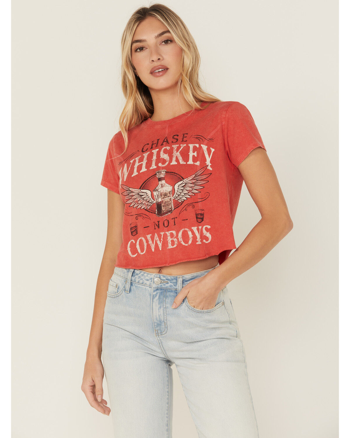 Image #1 - Shyanne Women's Chase Whiskey Not Cowboys Short Sleeve Cropped Graphic Tee, Red, hi-res
