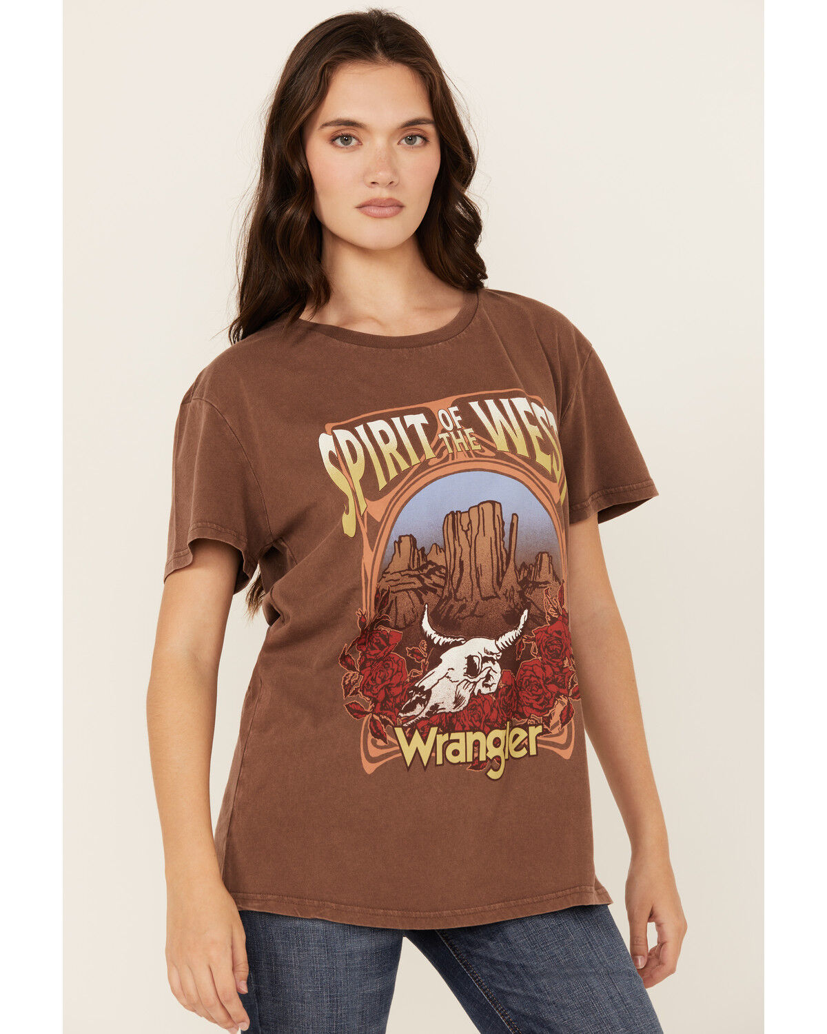 Image #1 - Wrangler Women's Boot Barn Exclusive Spirit of the West Short Sleeve Graphic Tee, Brown, hi-res