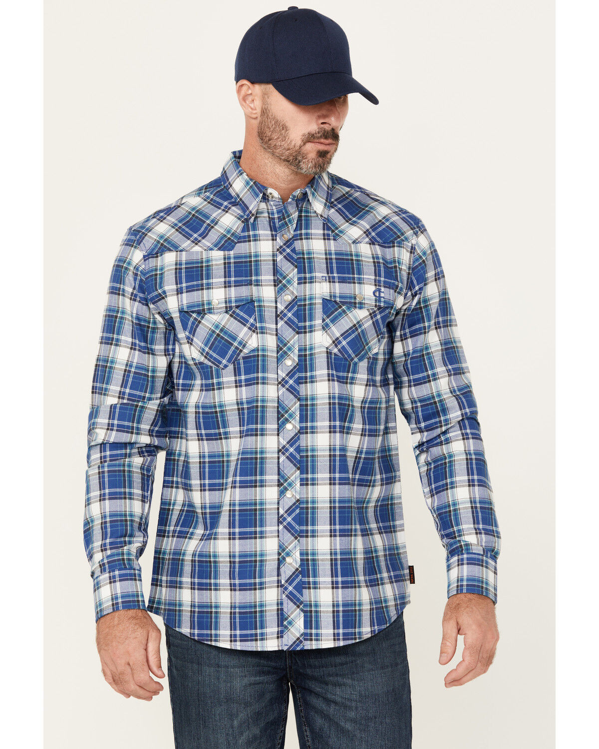 Image #1 - Cody James Men's FR Plaid Print Long Sleeve Pearl Snap Flannel Work Shirt, Navy, hi-res