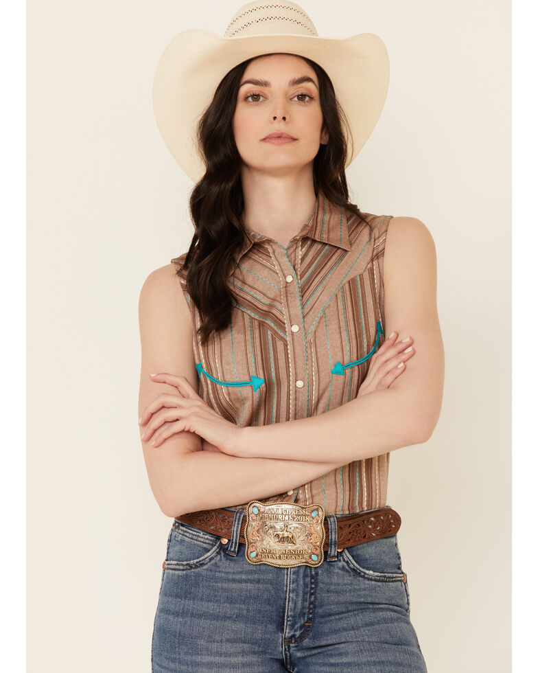 Panhandle Women's Retro Textured Stripe Sleeveless Snap Western Core Shirt , Brown, hi-res
