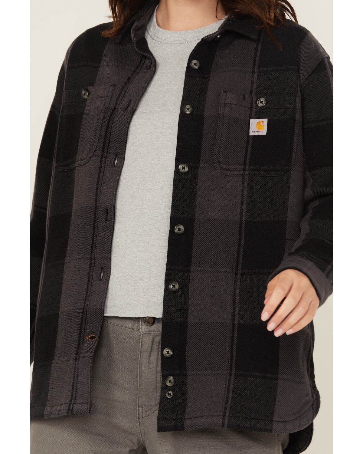 Image #3 - Carhartt Women's Rugged Flex&reg; Loose Fit Heavyweight Duck Long Sleeve Button-Down Shacket, Black, hi-res