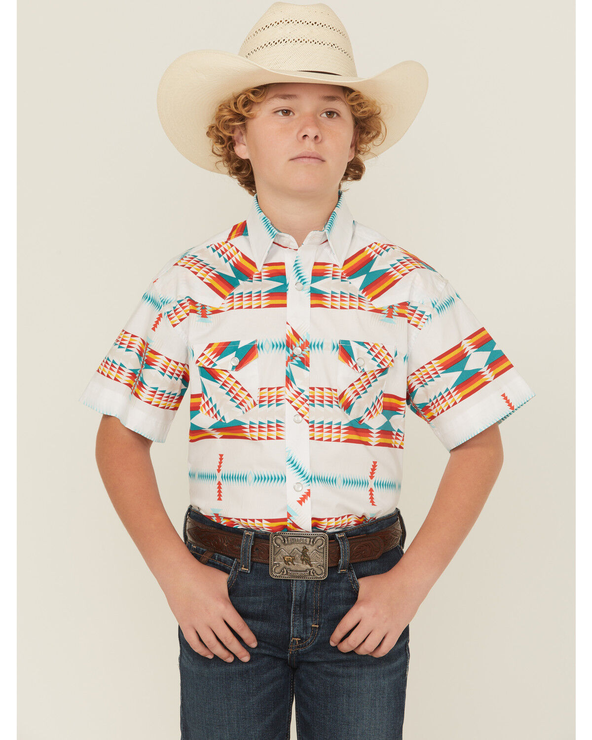 Image #1 - Rock & Roll Denim Boys' Southwestern Print Short Sleeve Pearl Snap Western Shirt, White, hi-res