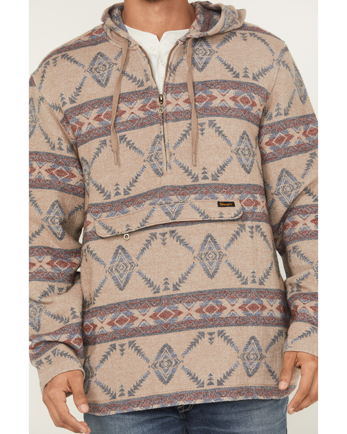 Image #3 - Wrangler Men's Southwestern Print 1/4 Zip Hooded Pullover, Taupe, hi-res