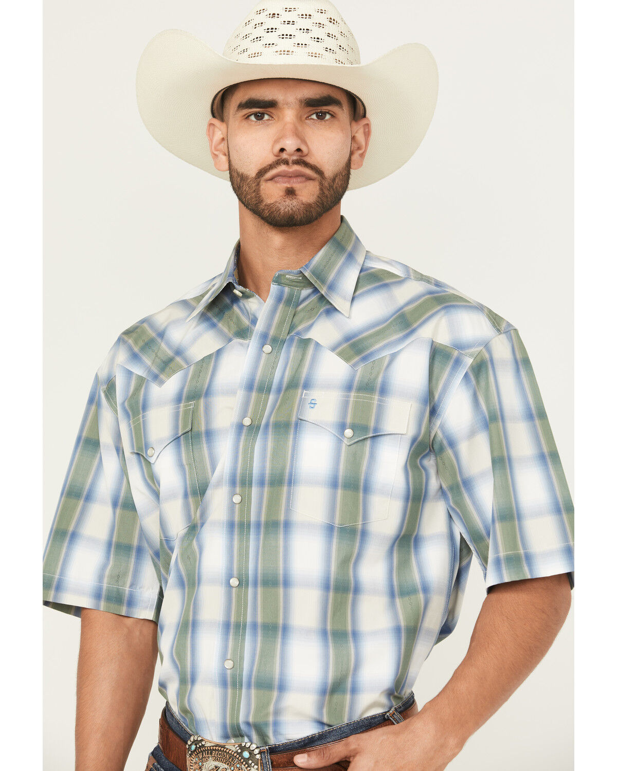 Image #2 - Stetson Men's Plaid Print Short Sleeve Snap Western Shirt, Blue, hi-res