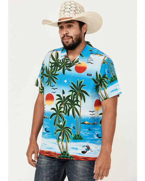 Cinch Men's Camp Ocean And Palm Trees Short Sleeve Button-Down Shirt, Blue, hi-res