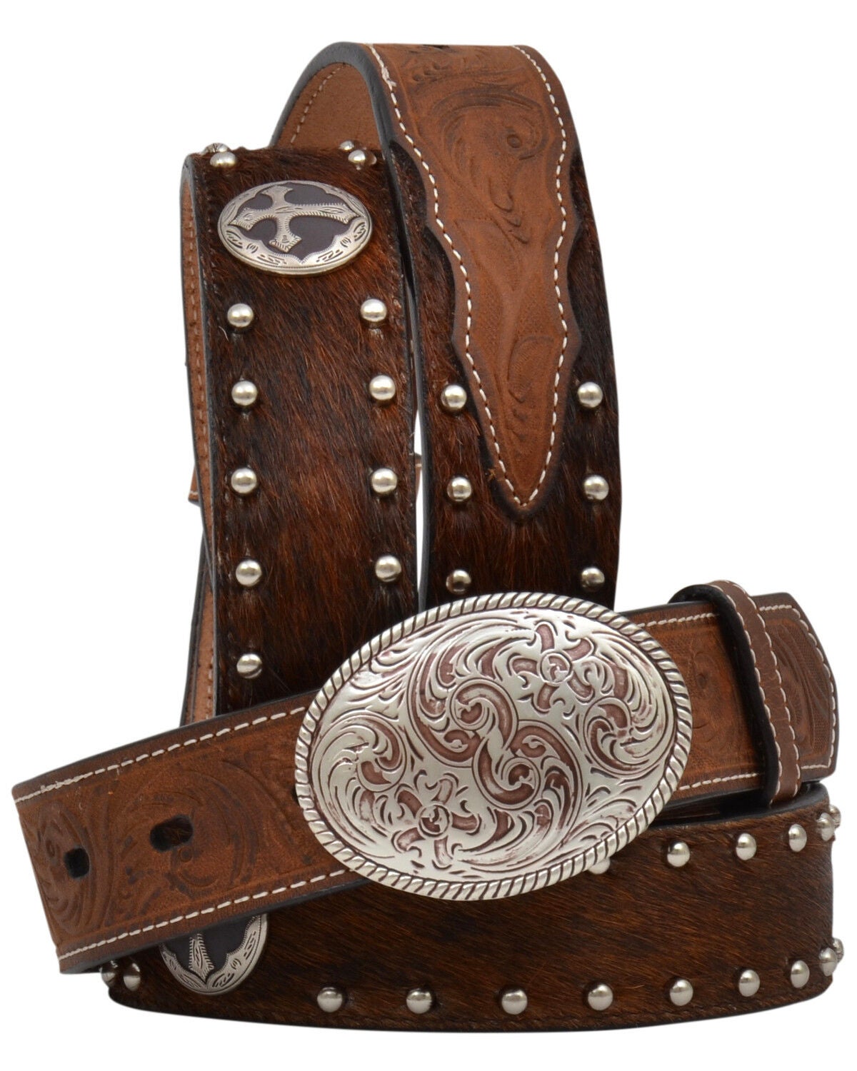 Image #2 - 3D Boys' Brindle Hair Cross Concho Buckle Belt, , hi-res
