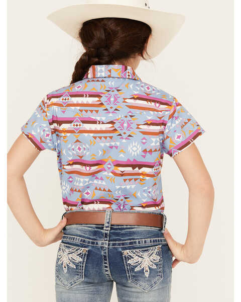 Image #4 - Shyanne Girls' Southwestern Print Short Sleeve Western Pearl Snap Shirt, Blue, hi-res