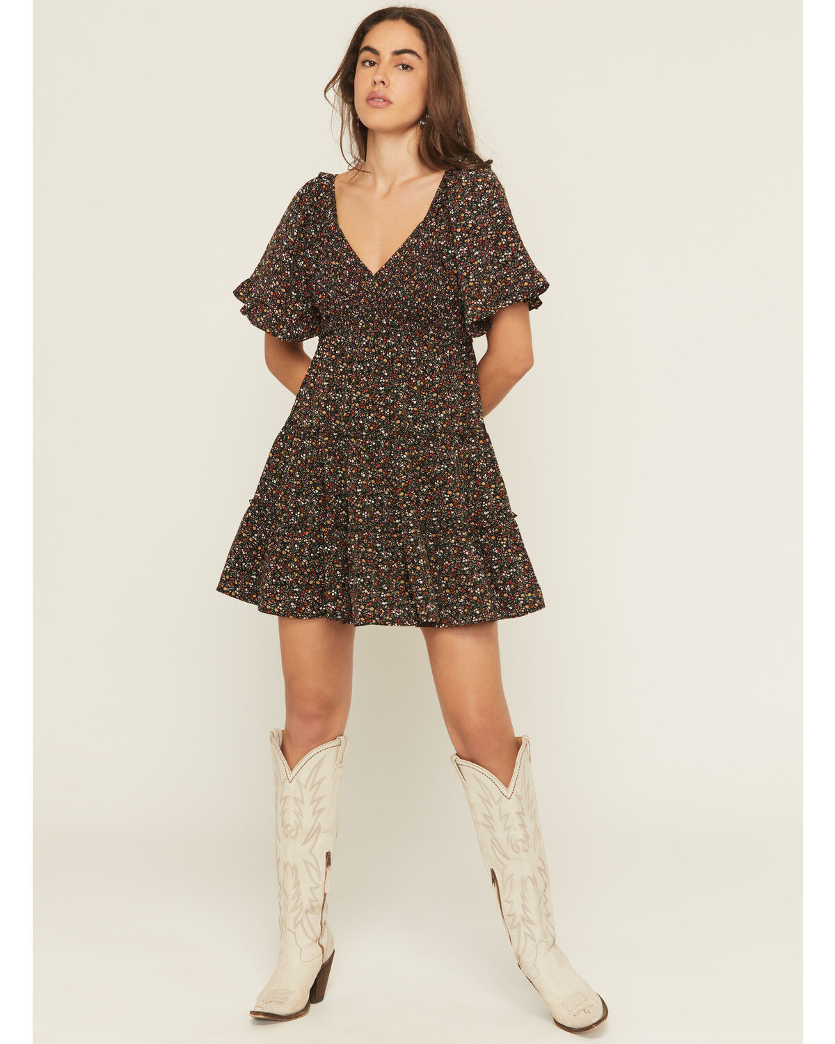 Image #1 - Yura Women's Floral Print Short Sleeve Smocked Mini Dress, Black, hi-res