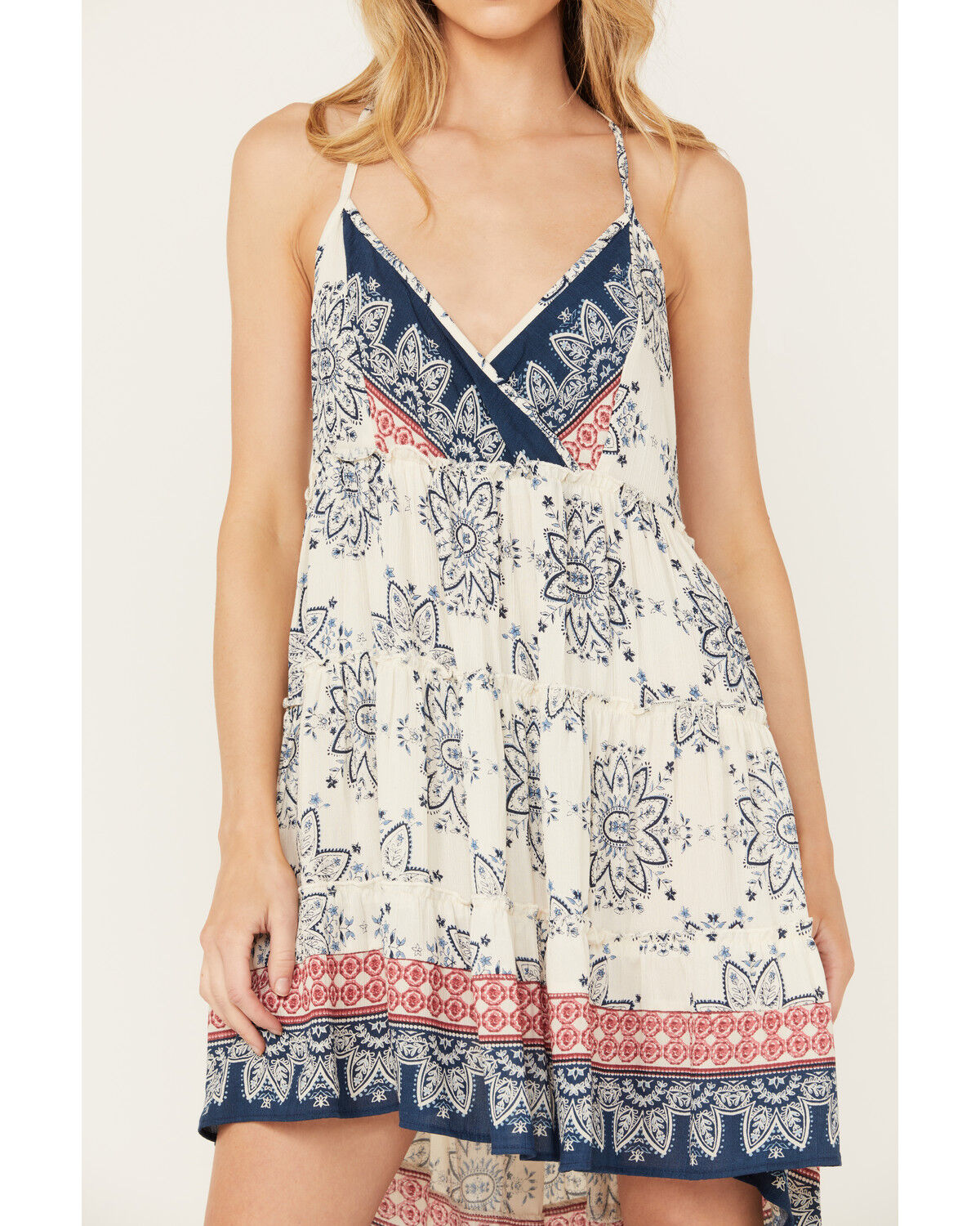 Image #3 - Angie Women's Halter Border Print Tier Mini Dress, Ivory, hi-res