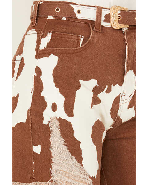 Image #2 - Blue B Women's High Rise Cow Print Belted Shorts , Brown, hi-res