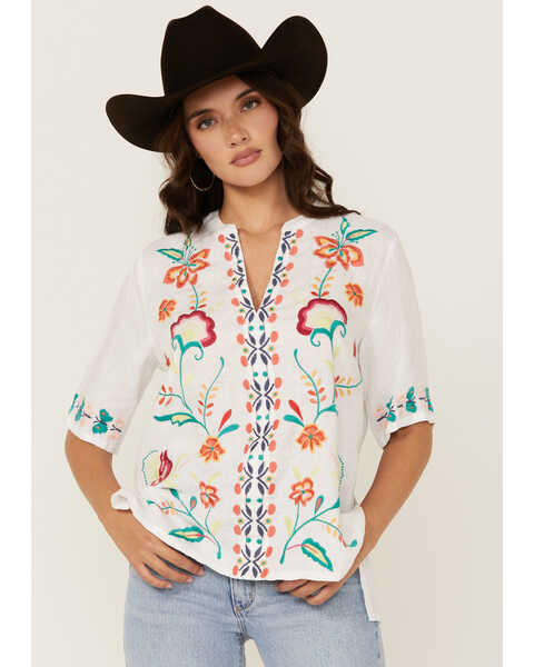Johnny Was Women's Floral Embroidered V Neck Top, White, hi-res