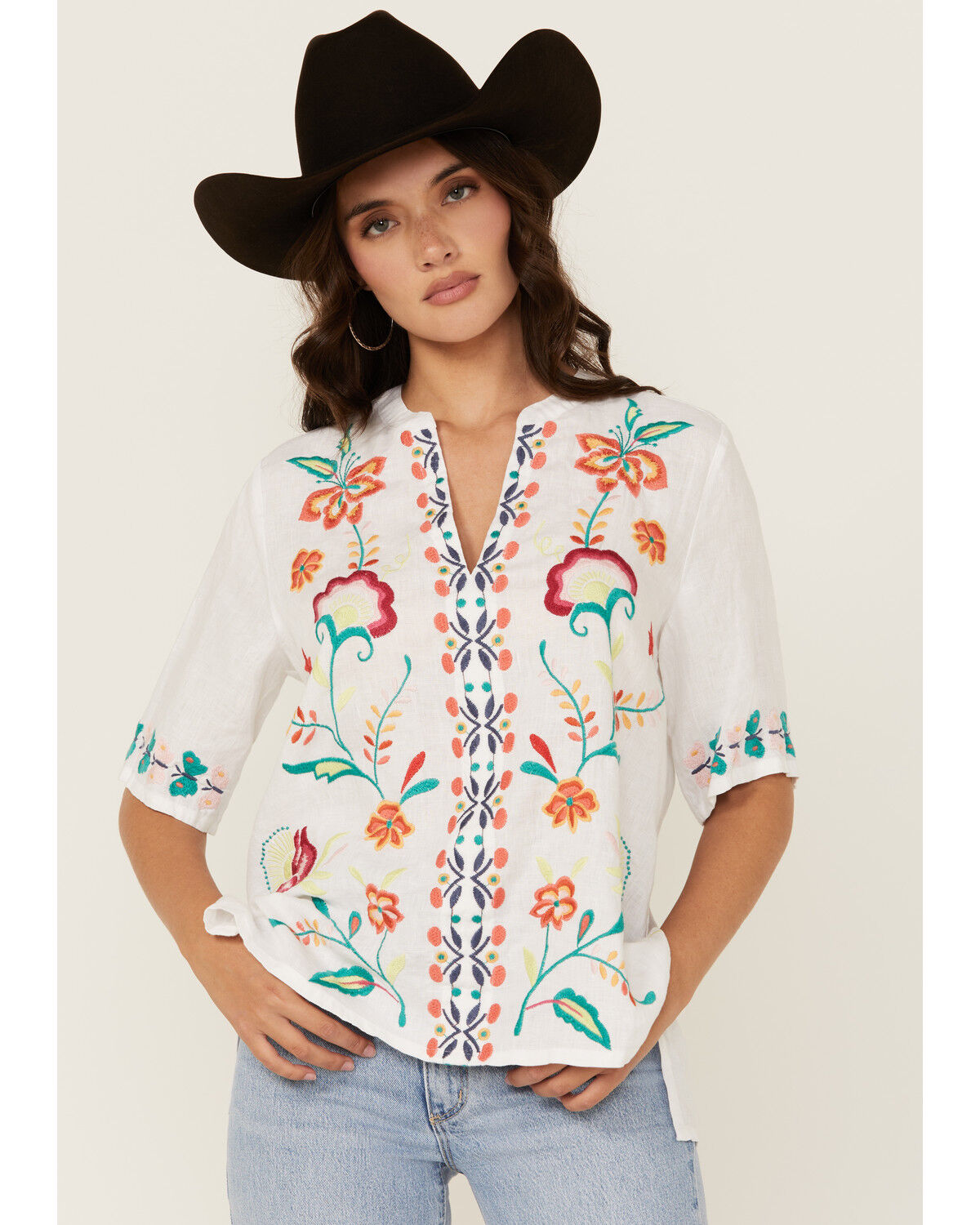 Image #1 - Johnny Was Women's Floral Embroidered V Neck Top, White, hi-res
