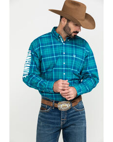 Rough Stock By Panhandle Men's Andover Ombre Plaid Logo Long Sleeve Western Shirt , Blue, hi-res
