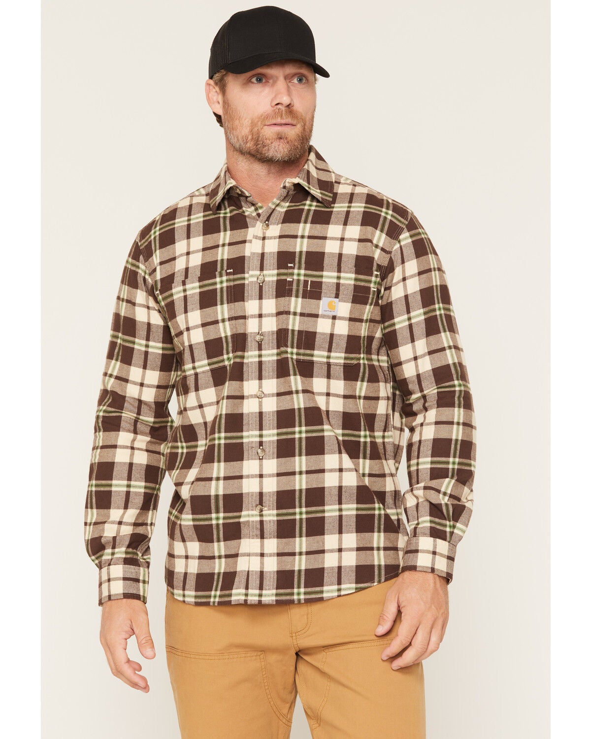 Carhartt Men's Hamilton Rugged Flex Lightweight Plaid Print Long Sleeve Button-Down Stretch Flannel Shirt, Green, hi-res