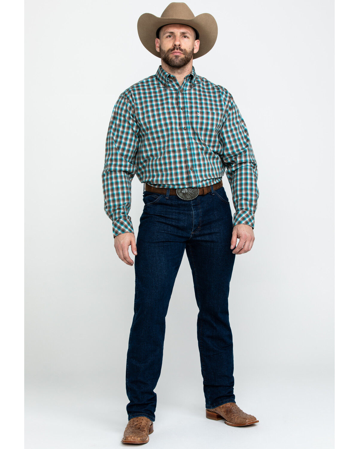 Image #6 - Tuf Cooper Men's Competition Brown Check Plaid Long Sleeve Western Shirt, Brown, hi-res