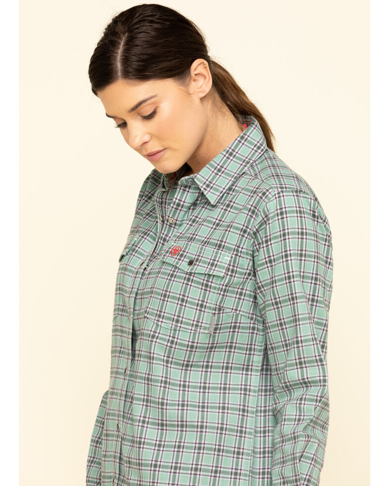 Ariat Women's FR Eberly Snap Long Sleeve Work Shirt, Blue, hi-res