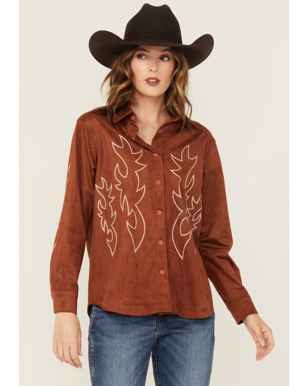 Image #1 - Blue B Women's Western Embroidered Faux Suede Long Sleeve Snap Shirt, Rust Copper, hi-res