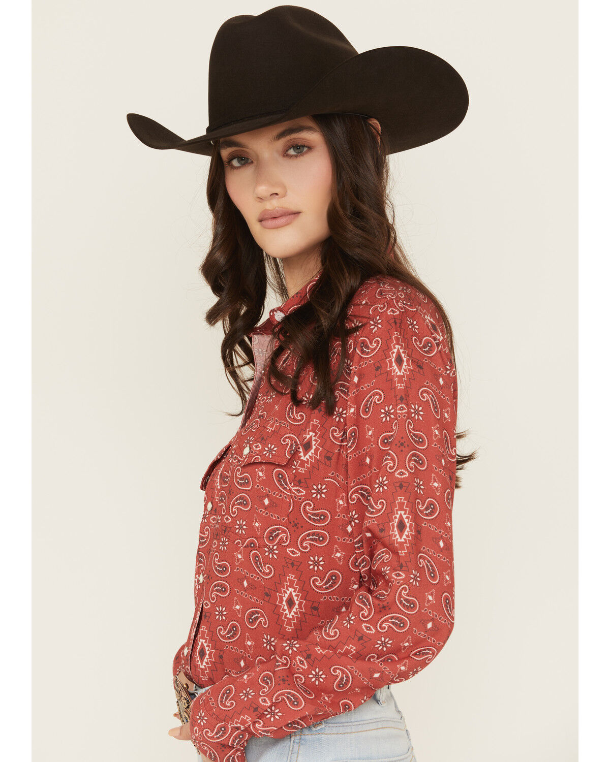 Image #2 - Panhandle Women's Paisley Print Long Sleeve Snap Western Shirt, Red, hi-res