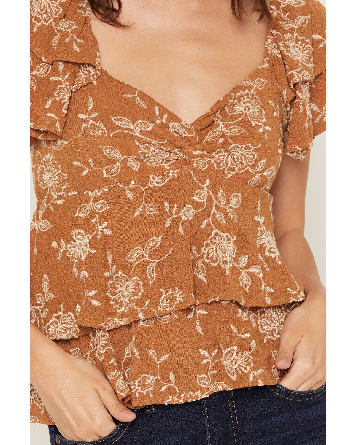 Image #3 - Originality Women's Boot Barn Exclusive Floral Embroidered Tiered Tie Back Top, Mustard, hi-res
