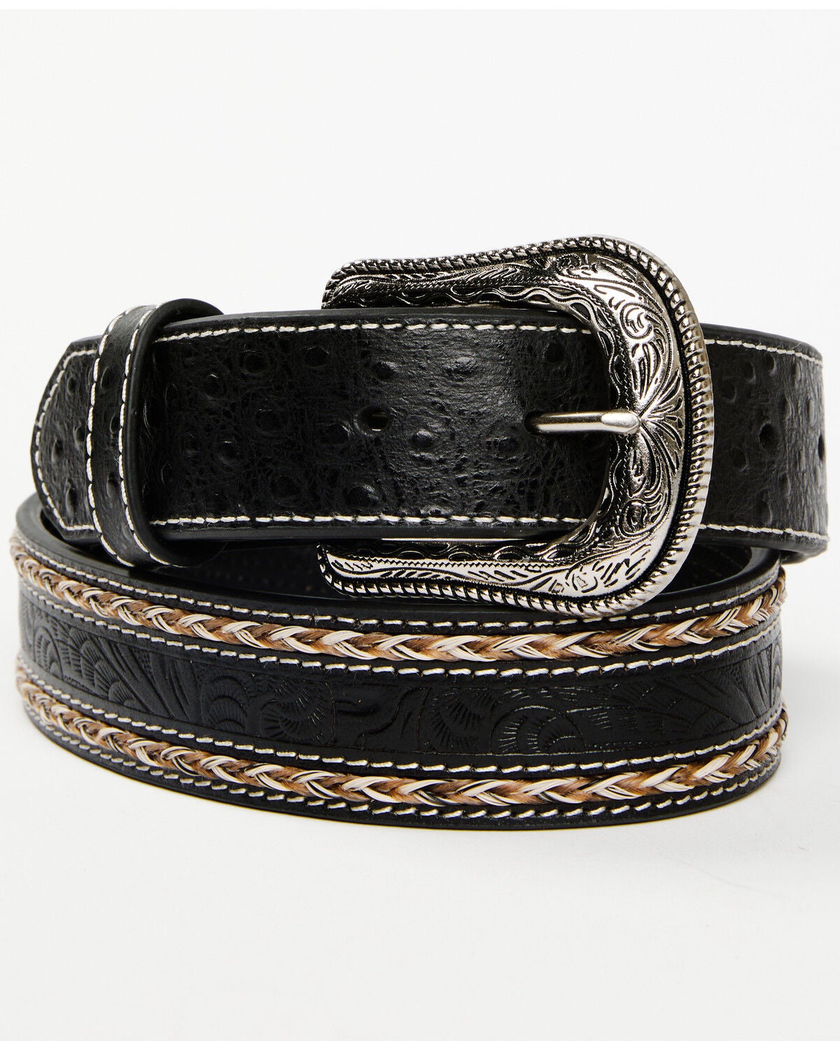 Cody James Men's Horsehair with Floral Tooled Inlay Belt, Black, hi-res
