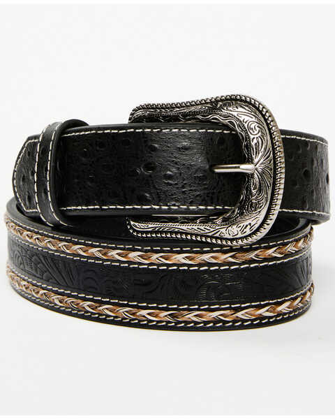 Image #1 - Cody James Men's Horsehair with Floral Tooled Inlay Belt, Black, hi-res