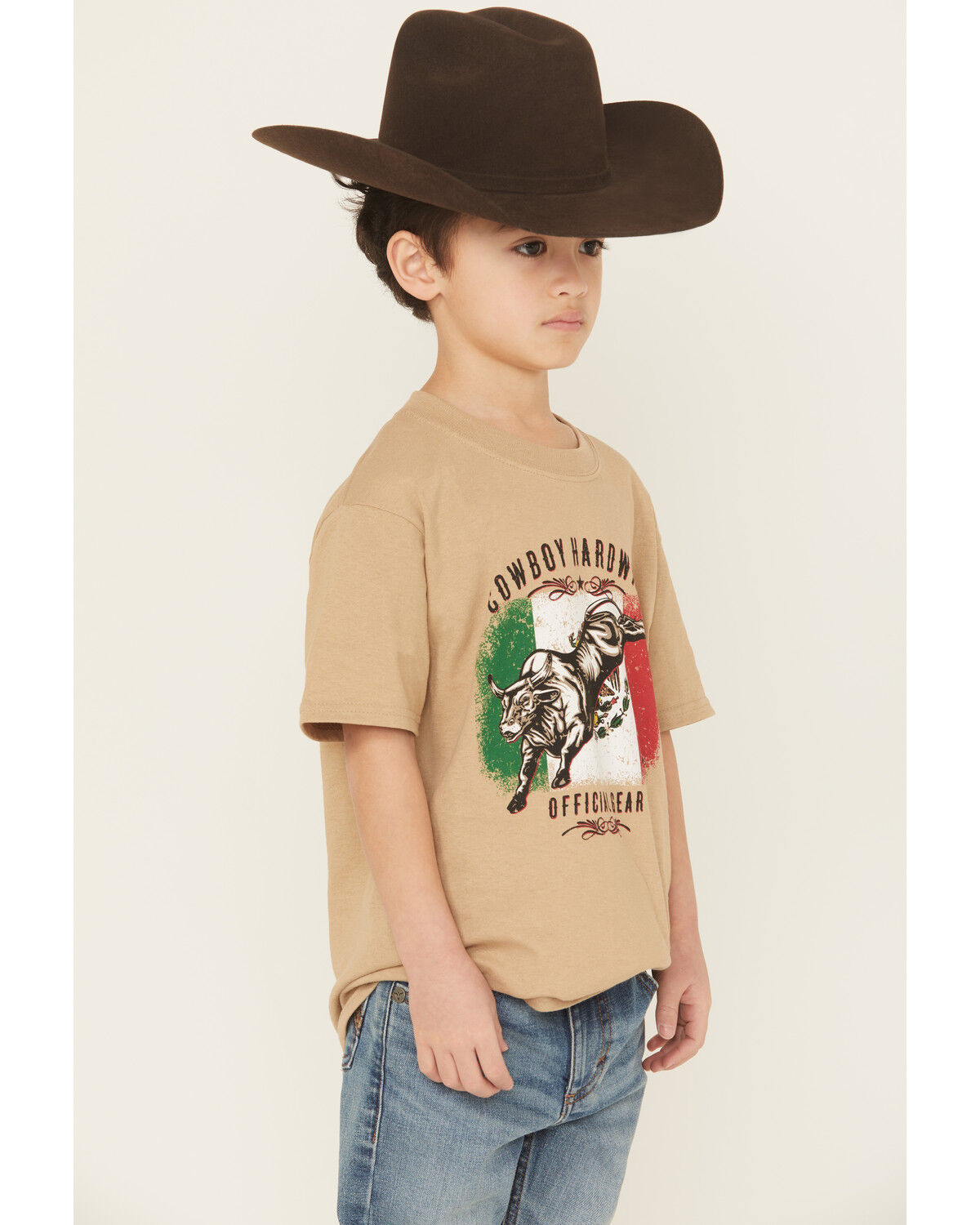 Image #2 - Cowboy Hardware Boys' Mexico Flag Bucking Bull Short Sleeve Graphic T-Shirt, Tan, hi-res