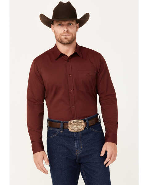 Image #1 - RANK 45® Men's Logo Long Sleeve Button-Down Performance Western Shirt, Wine, hi-res