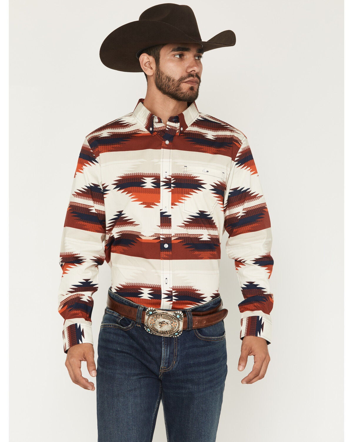 Image #1 - RANK 45&reg; Men's The Chief Southwestern Print Long Sleeve Button-Down Stretch Western Shirt, Multi, hi-res
