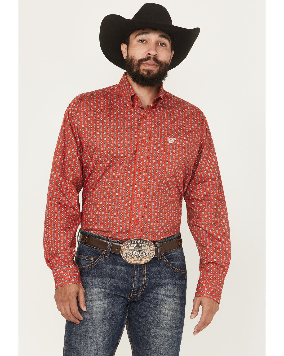 Cinch Men's Geo Print Long Sleeve Button-Down Stretch Western Shirt, Red, hi-res