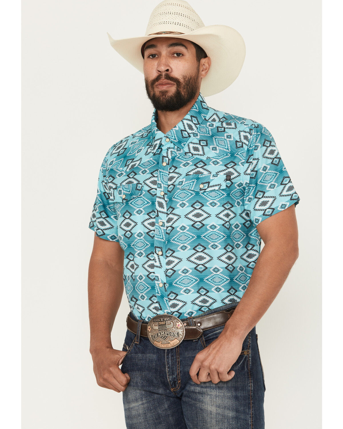 Image #1 - Rock & Roll Denim Men's TEK Southwestern Print Short Sleeve Snap Western Shirt, Cream, hi-res
