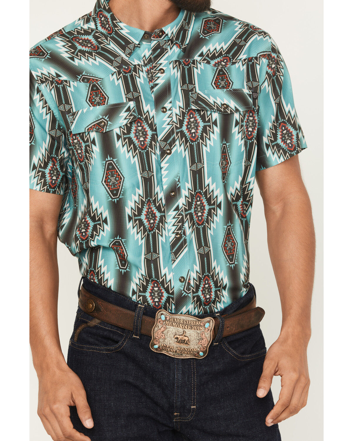 Image #2 - Rock & Roll Denim Men's Boot Barn Exclusive Tek Southwestern Short Sleeve Snap Stretch Western Shirt, Turquoise, hi-res