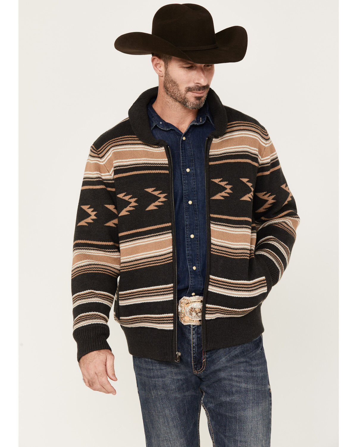 Image #1 - Cinch Men's Full-Zip Striped Sweater, Charcoal, hi-res