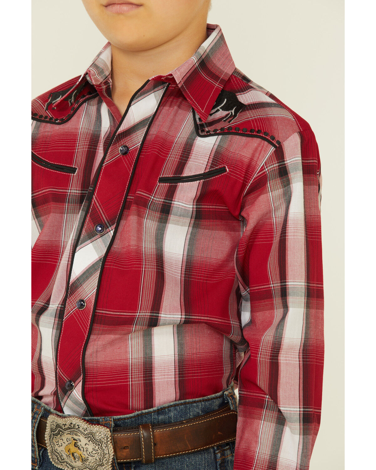 Image #3 - Roper Boys' Plaid Print Embroidered Bull Yoke Long Sleeve Snap Western Shirt, Red, hi-res
