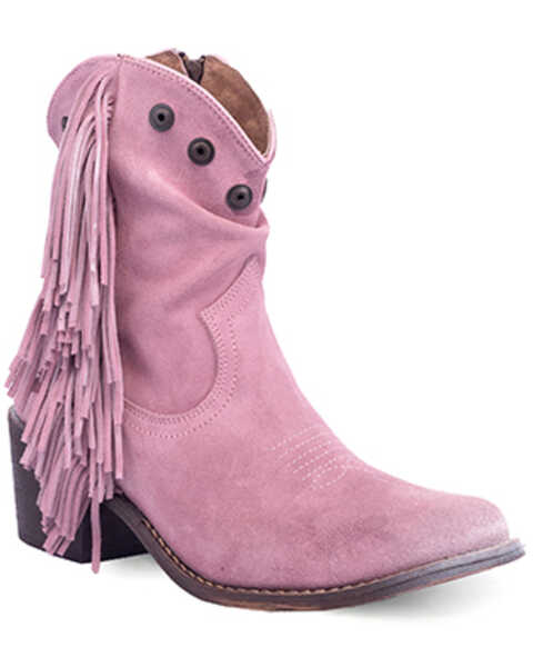 Circle G Women's Studded Suede Fringe Ankle Boots - Round Toe , Light Purple, hi-res