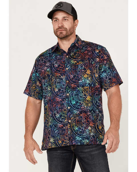 Scully Men's Paisley Floral Print Short Sleeve Button Down Western Shirt , Dark Blue, hi-res