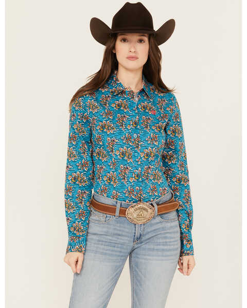 Cinch Women's Floral Long Sleeve Button-Down Western Shirt, Blue, hi-res