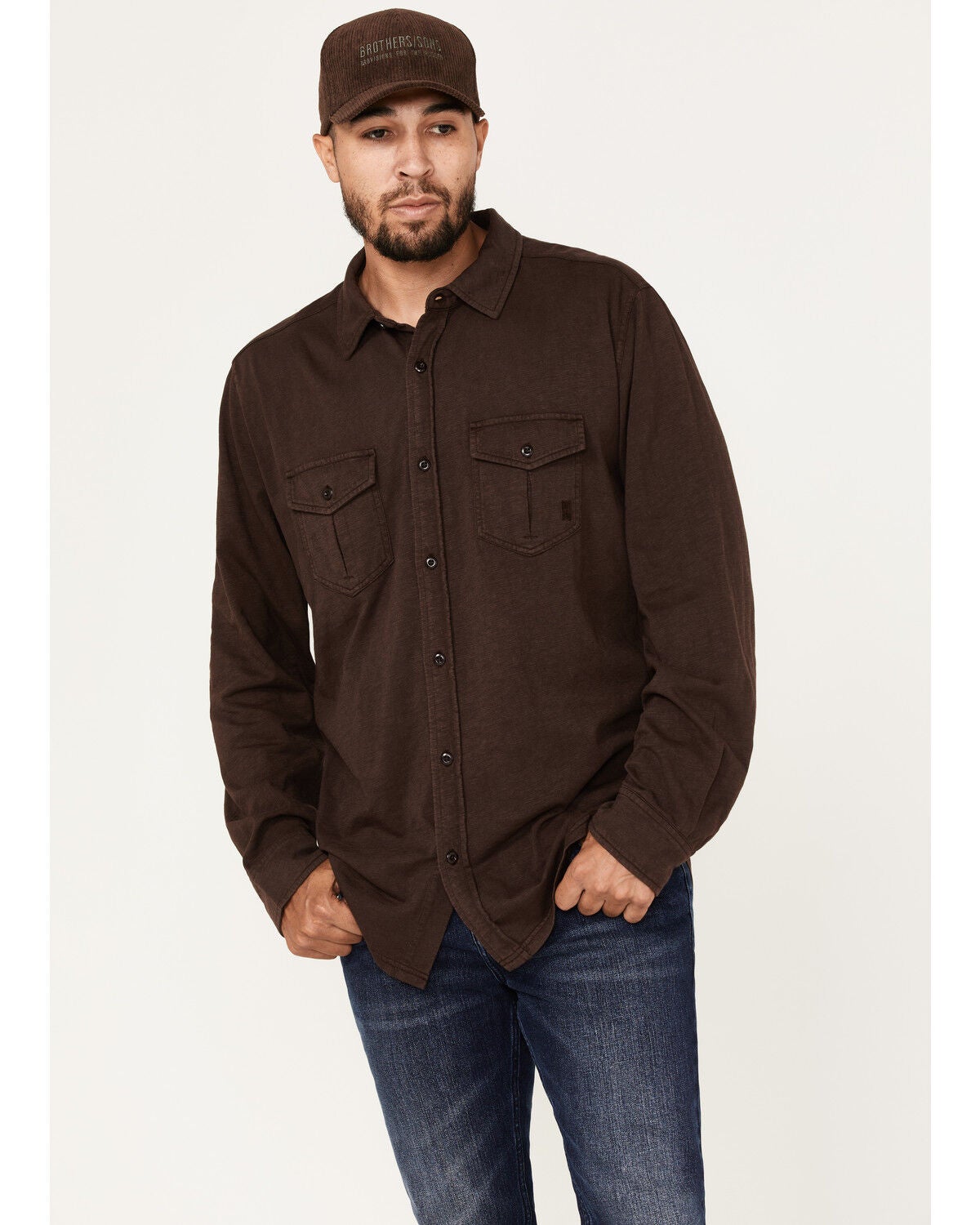 Brothers and Sons Men's Solid Pigment Slub Button Down Western Shirt, Dark Brown, hi-res