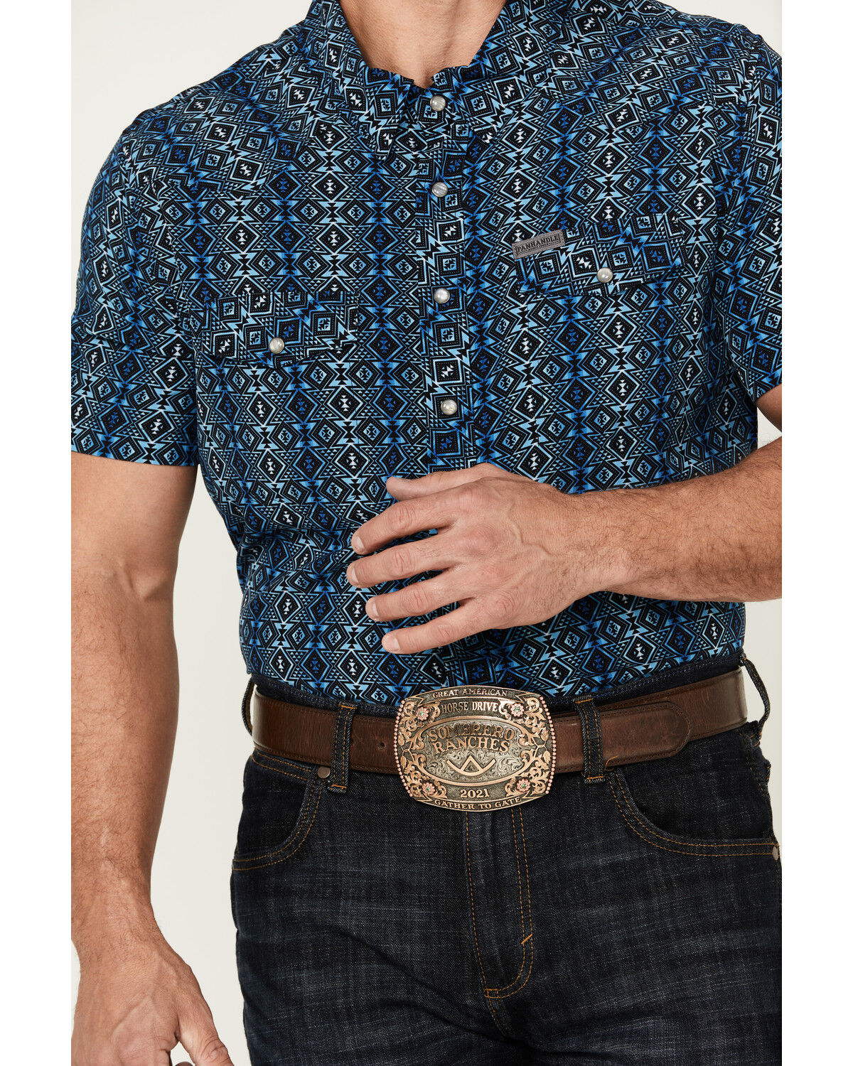 Image #3 - Panhandle Men's Southwestern Print Short Sleeve Pearl Snap Performance Western Shirt, Dark Blue, hi-res