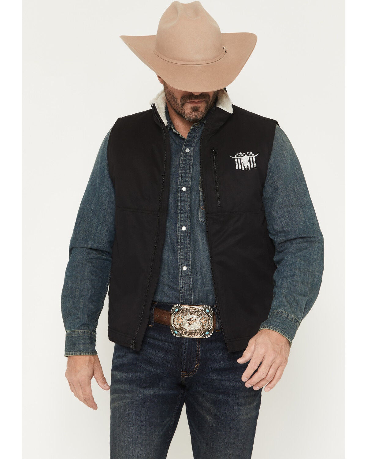Image #1 - Cowboy Hardware Men's Skull Banner Twill Concealed Carry Vest, Black, hi-res