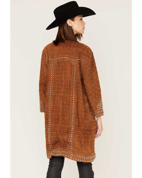 Image #5 - Understated Leather Studded Suede Duster Coat, Tan, hi-res