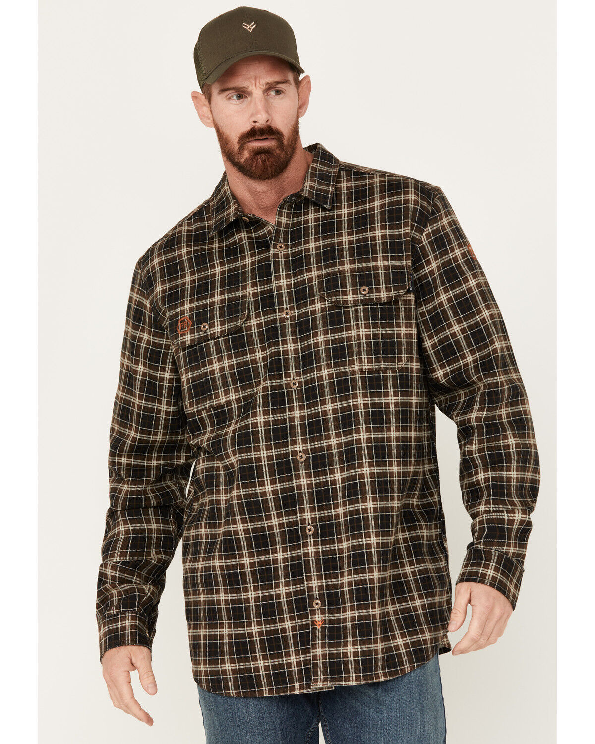 Image #1 - Hawx Men's FR Midweight Plaid Print Long Sleeve Button-Down Work Shirt, Brown, hi-res