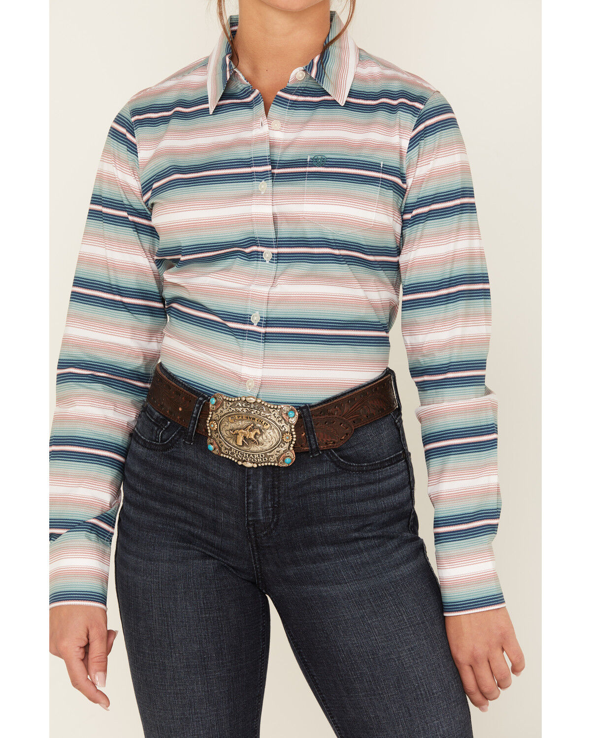 Image #3 - Ariat Women's Serape Stripe Long Sleeve Button-Down Kirby Stretch Shirt, Teal, hi-res