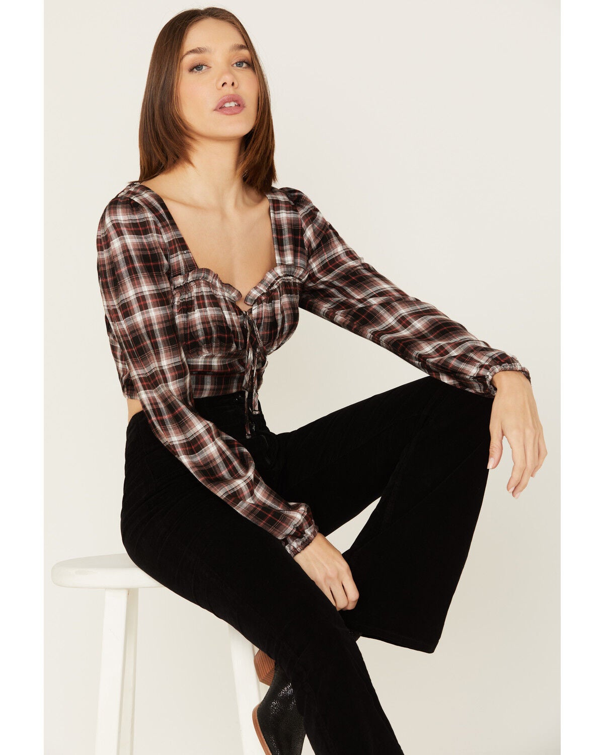 Wild Moss Women's Plaid Print Ruffle Tie Front Crop Top, Rust Copper, hi-res