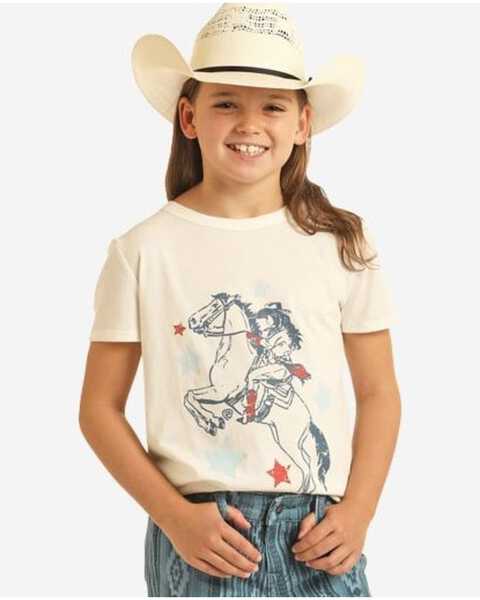 Panhandle Girls' Americana Cowgirl Short Sleeve Graphic Tee , Cream, hi-res