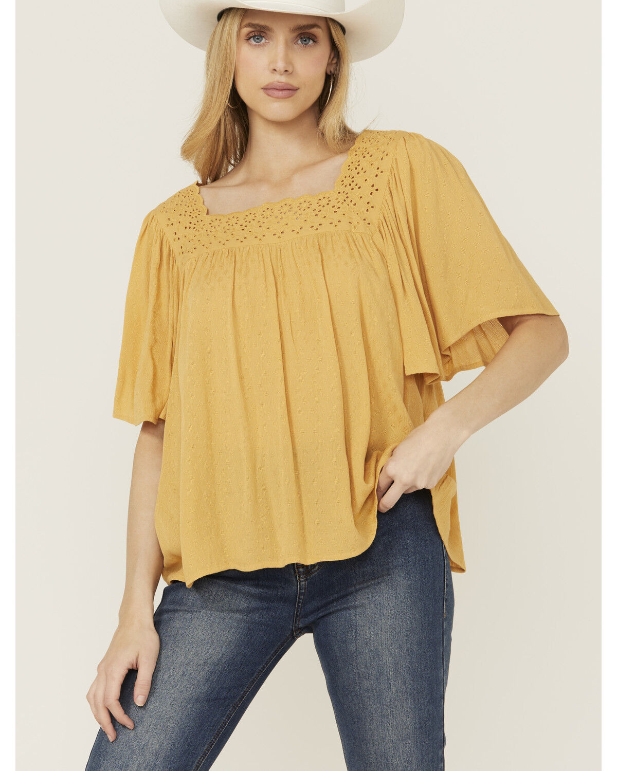 Image #1 - Band Of The Free Women's Solid Short Sleeve Ruffle Blouse, Peach, hi-res