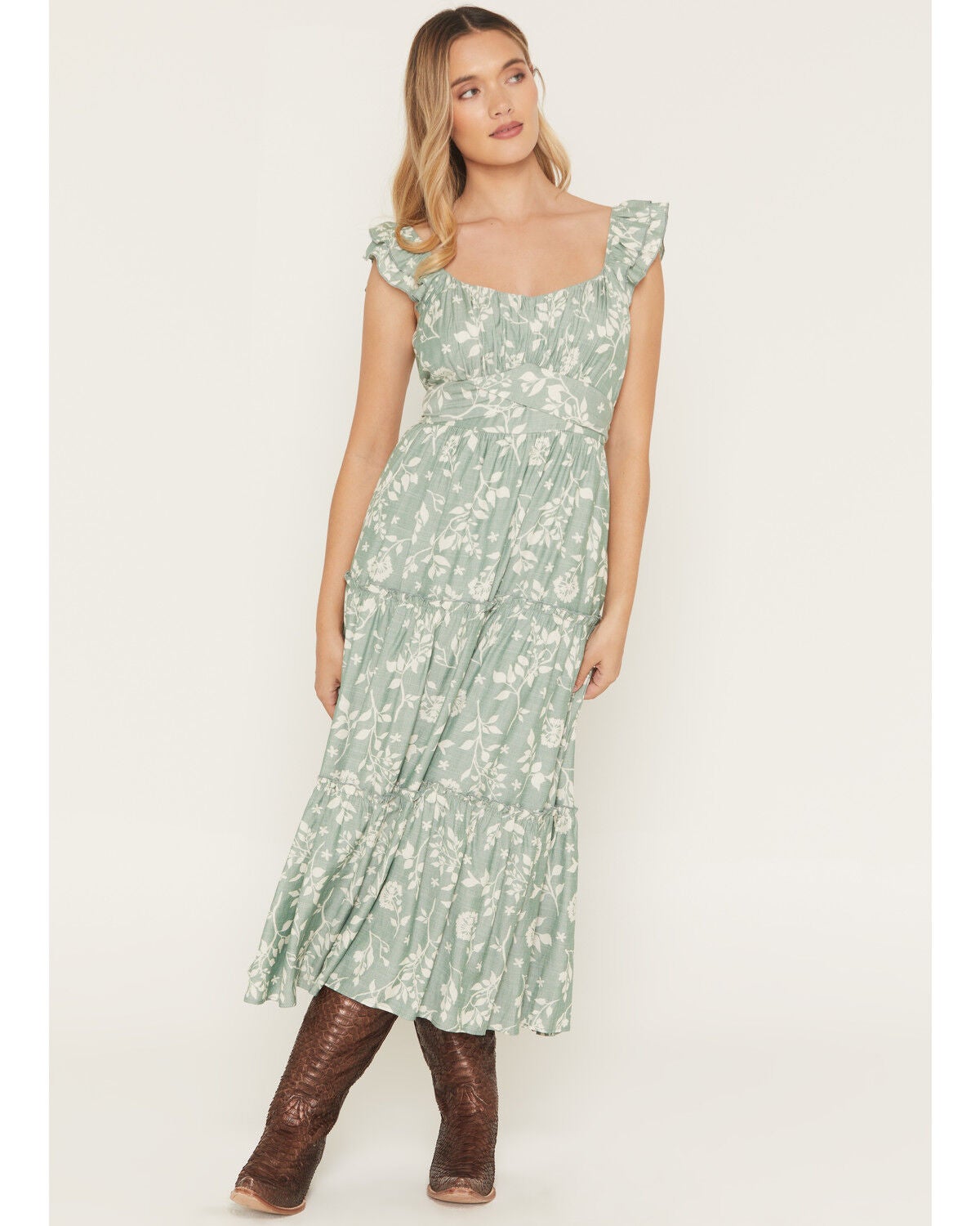 Image #1 - Ash & Violet Women's Floral Print Flutter Sleeve Midi Dress, Sage, hi-res